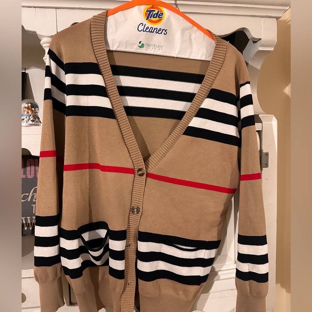 Striped Tan Cardigan Sweater size M